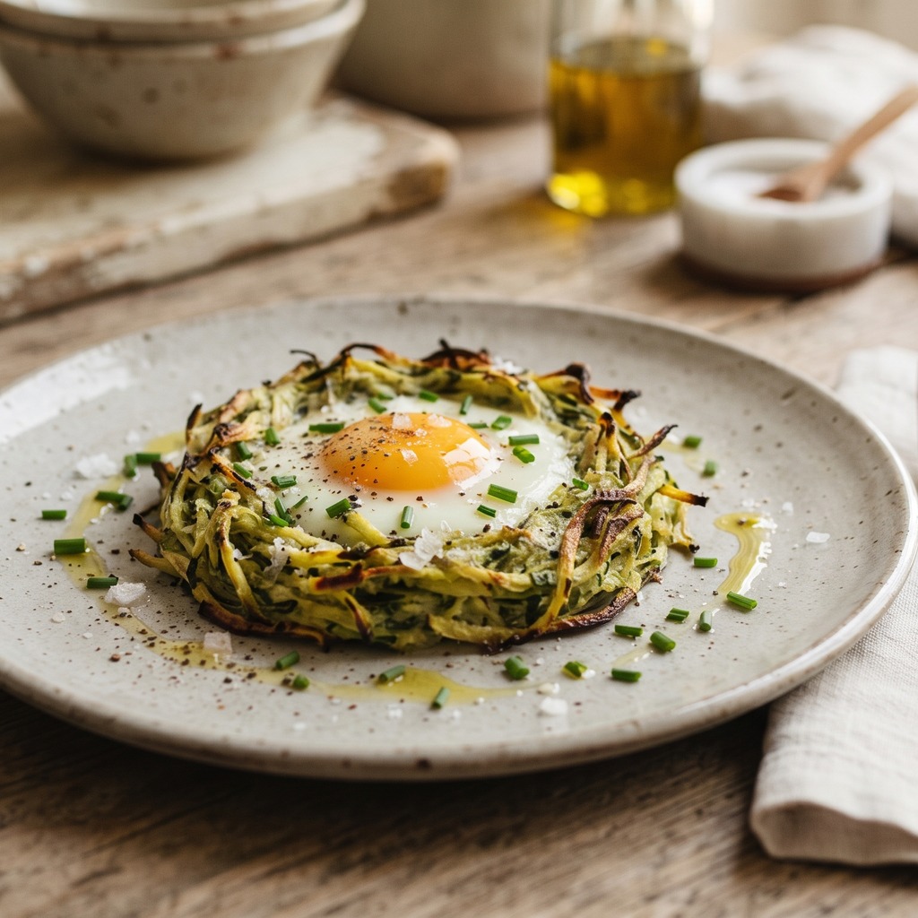 Nids de courgettes et œuf au four
