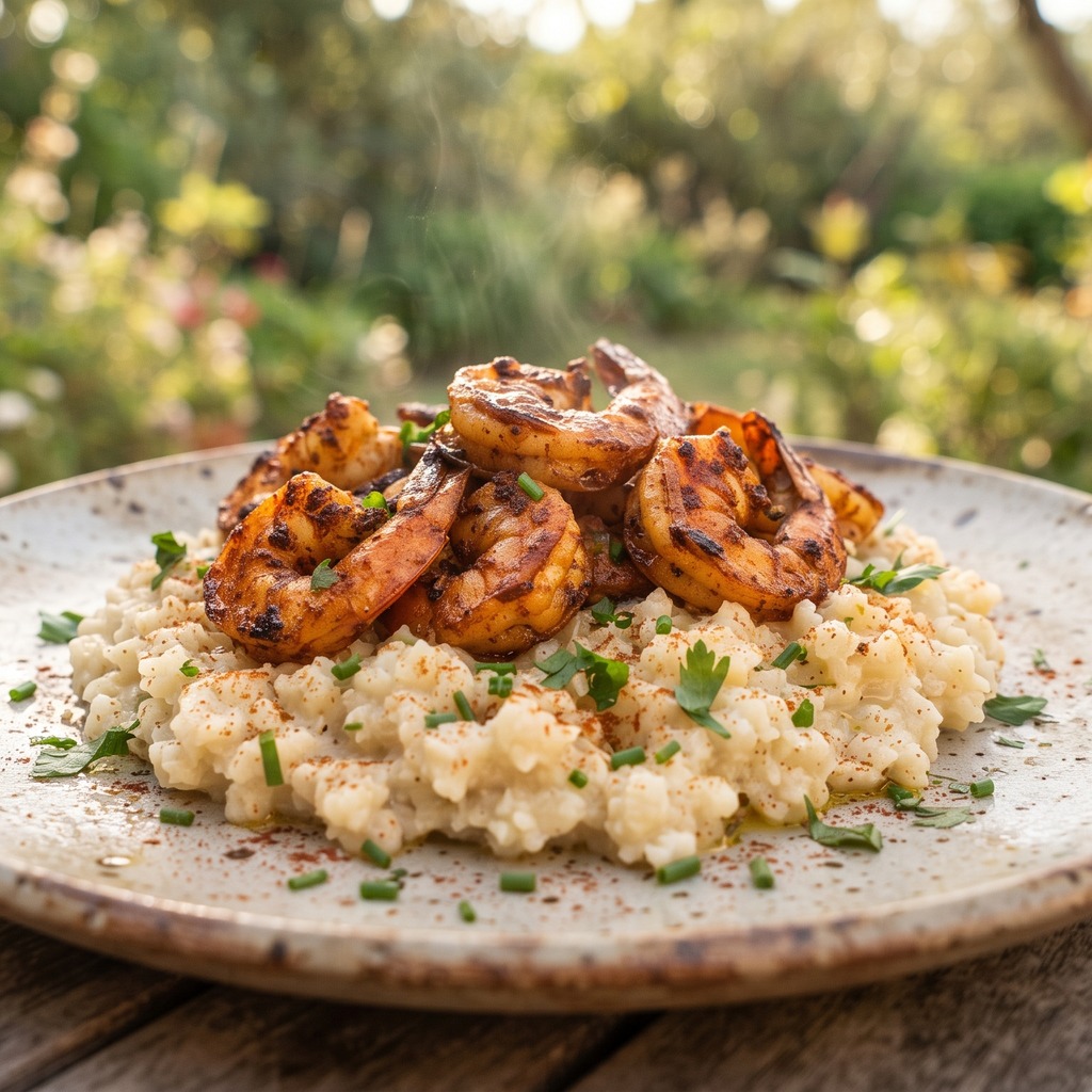 Crevettes épicées, riz de chou-fleur crémeux