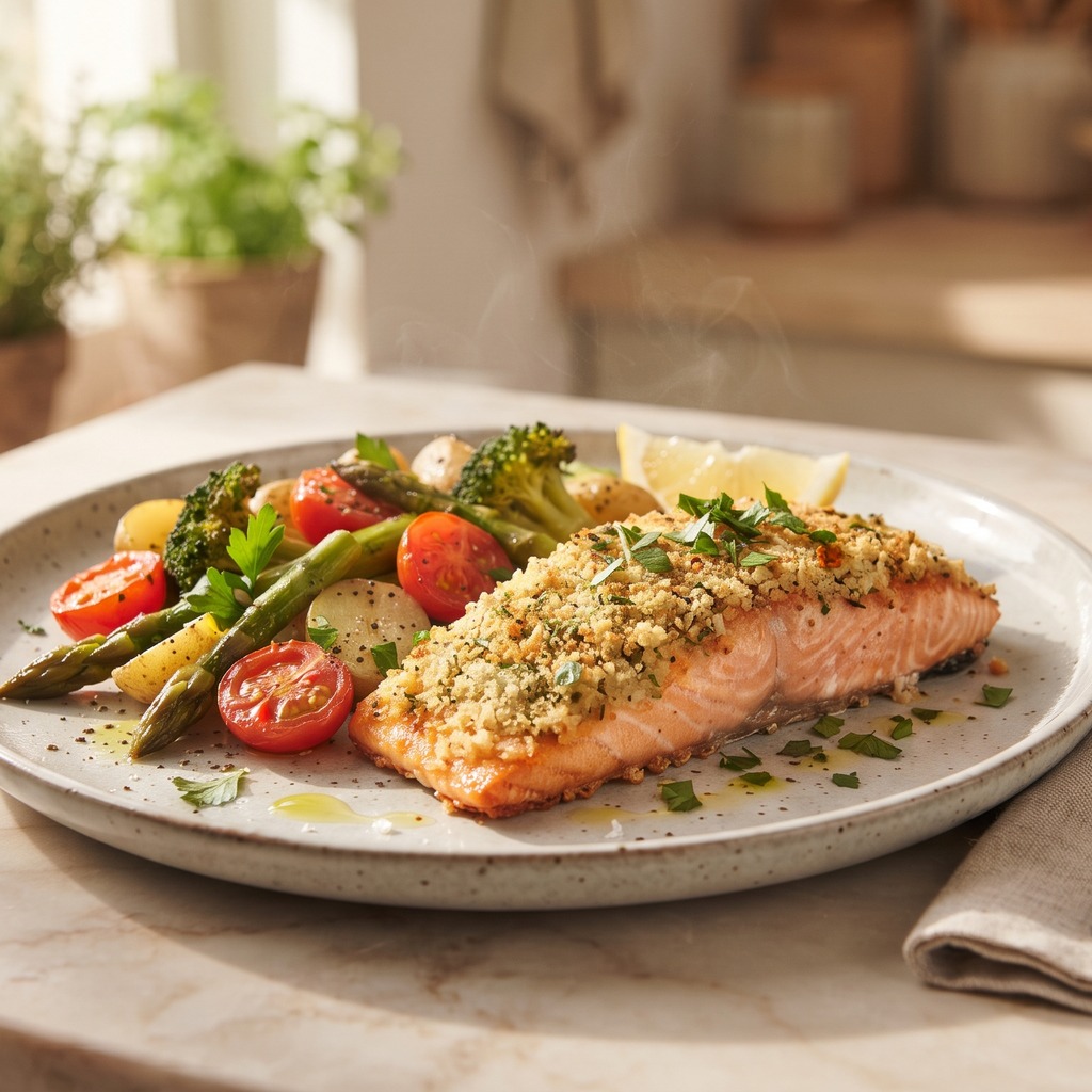 Saumon croûte de parmesan et légumes croquants