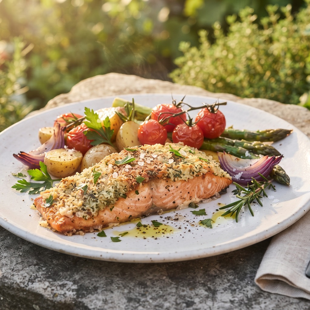 Saumon croûte de parmesan et légumes croquants