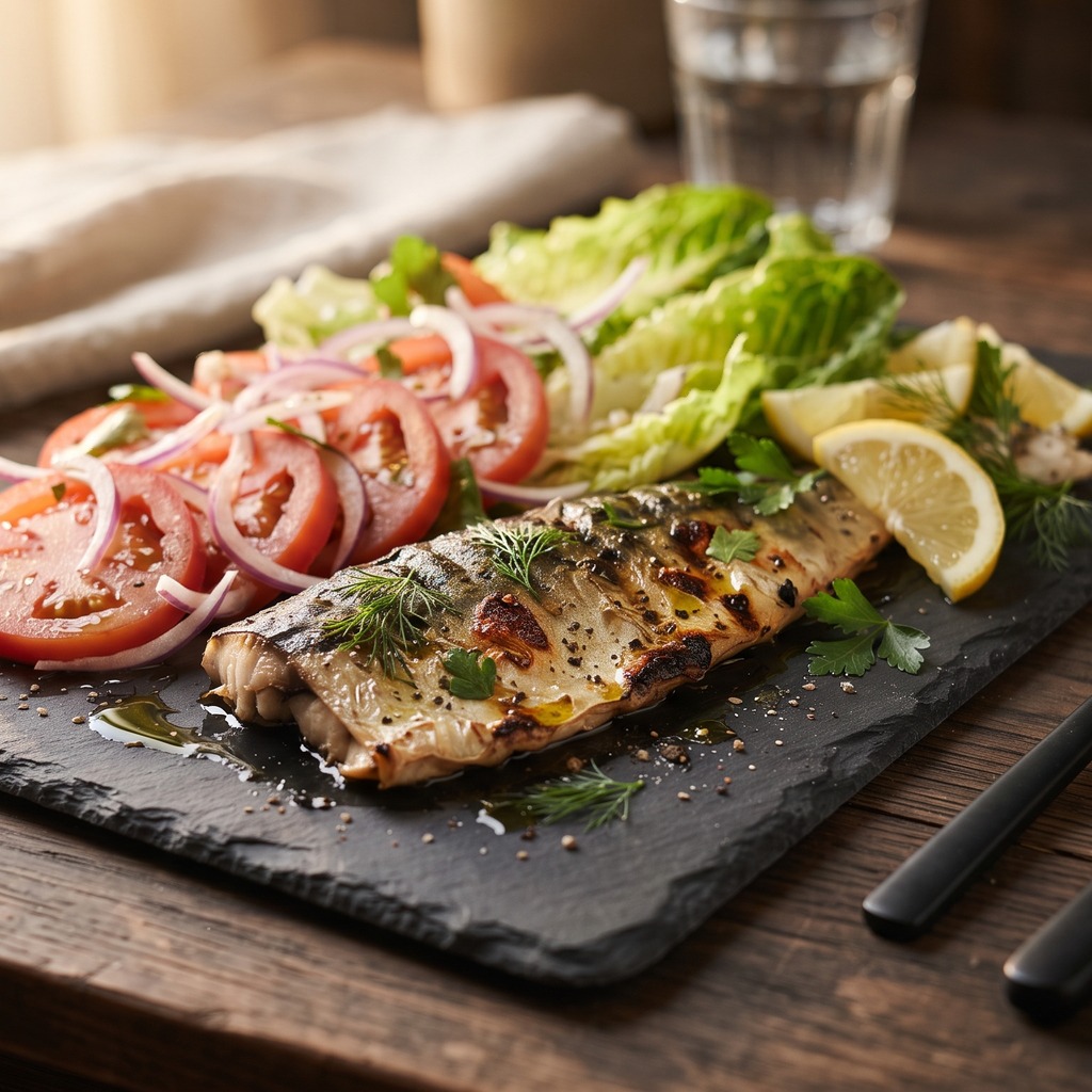 Maquereau mariné grillé, salade croquante