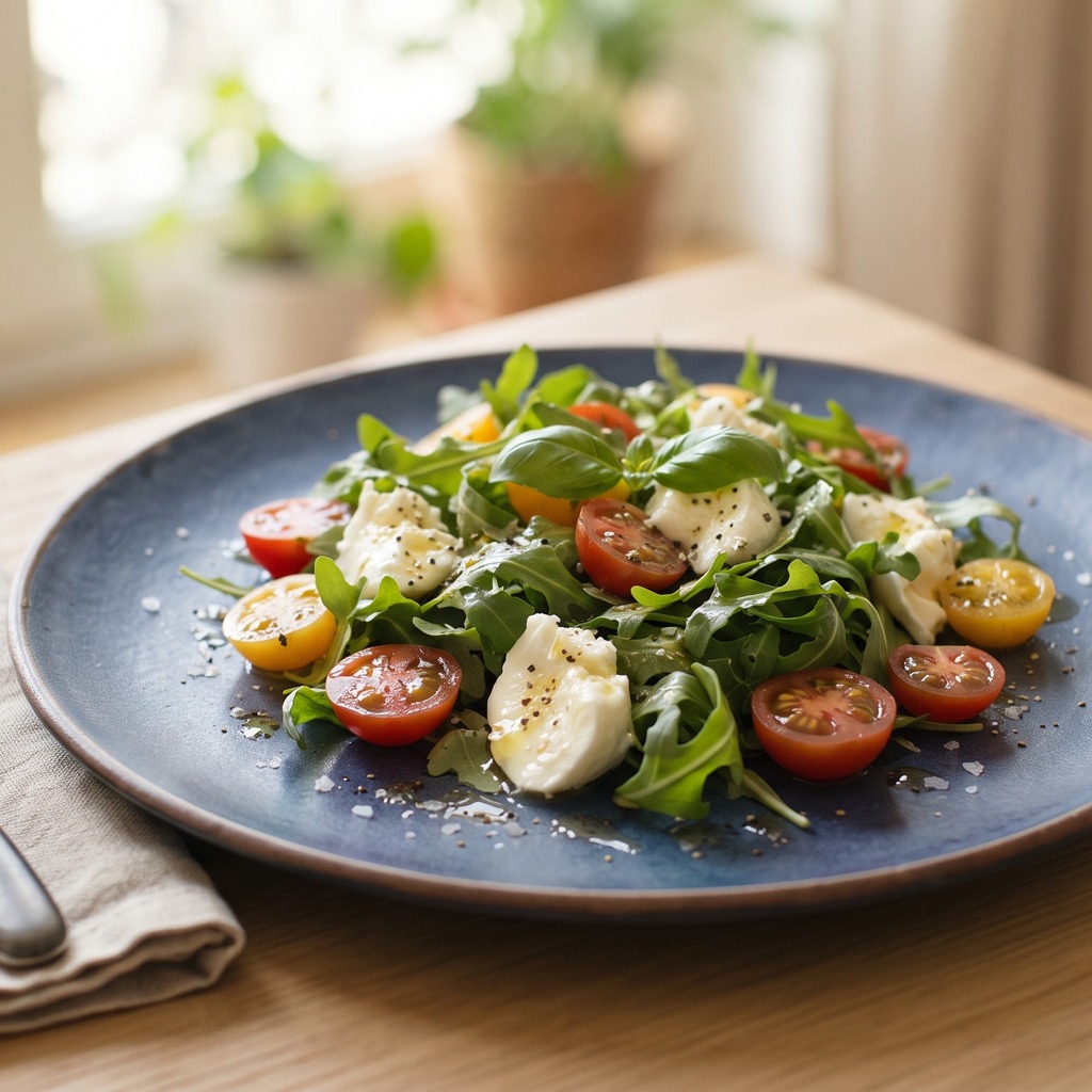 Roquette et mozzarella, vinaigrette au vinaigre de cidre