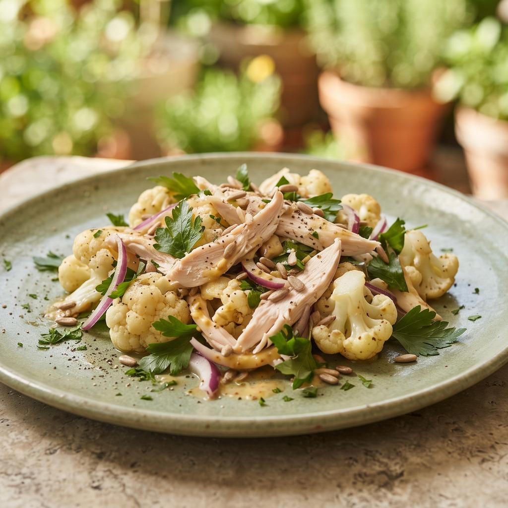Salade de poulet vapeur, chou-fleur et graines de tournesol