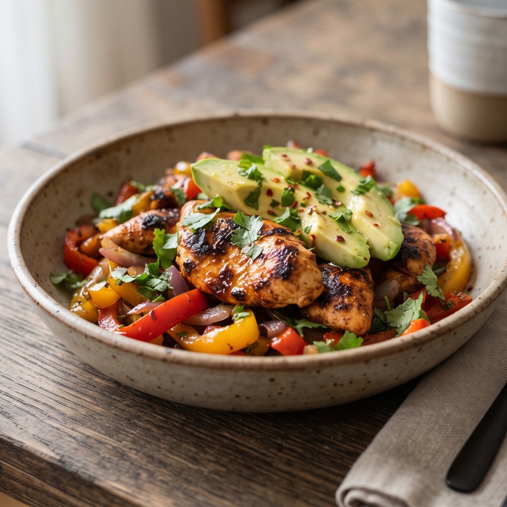 Poulet mariné façon Tex-Mex, poivrons et avocat