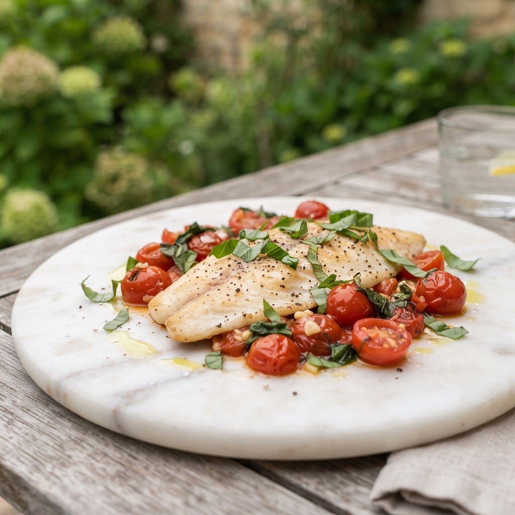 Tilapia poêlé, sauce tomates cerises et basilic