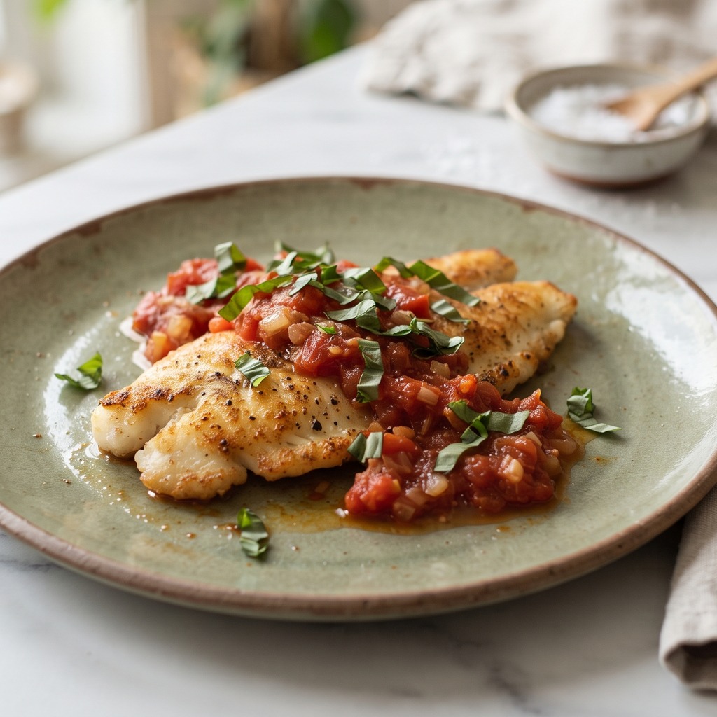 Filet de tilapia doré, sauce tomate et basilic frais
