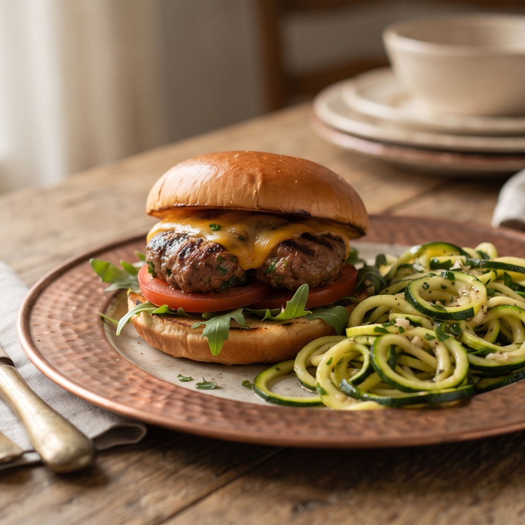 Burgers au cheddar, nouilles de courgette à l'ail