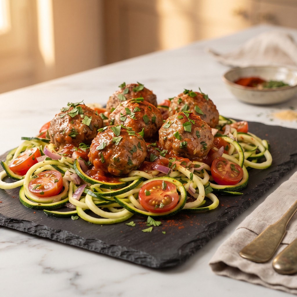 Boulettes de bœuf épicées, nouilles de courgette à l'ail
