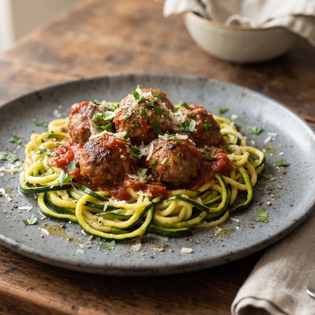 Boulettes de bœuf épicées, nouilles de courgette à l'ail