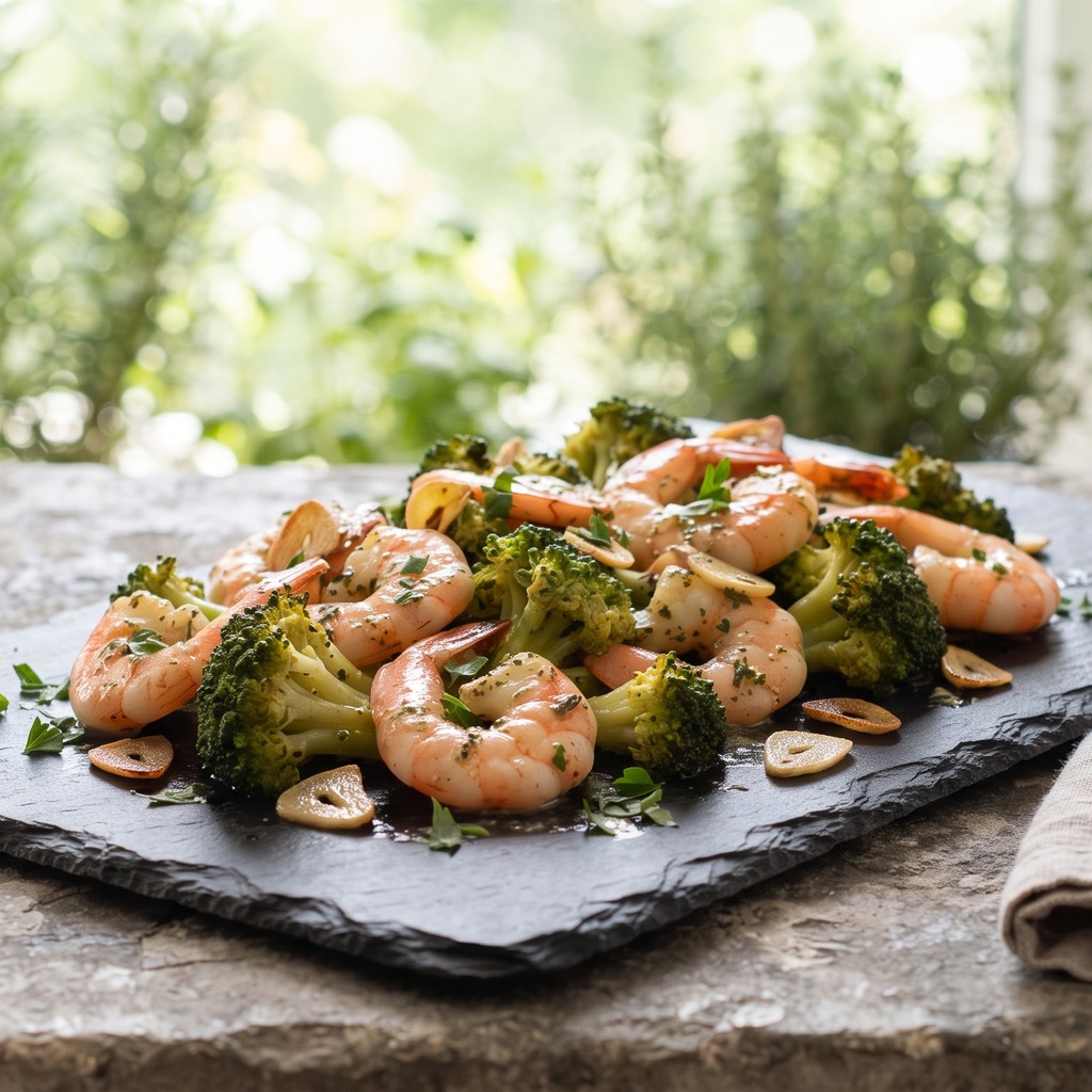 Crevettes et brocoli rôtis à l'ail et au beurre