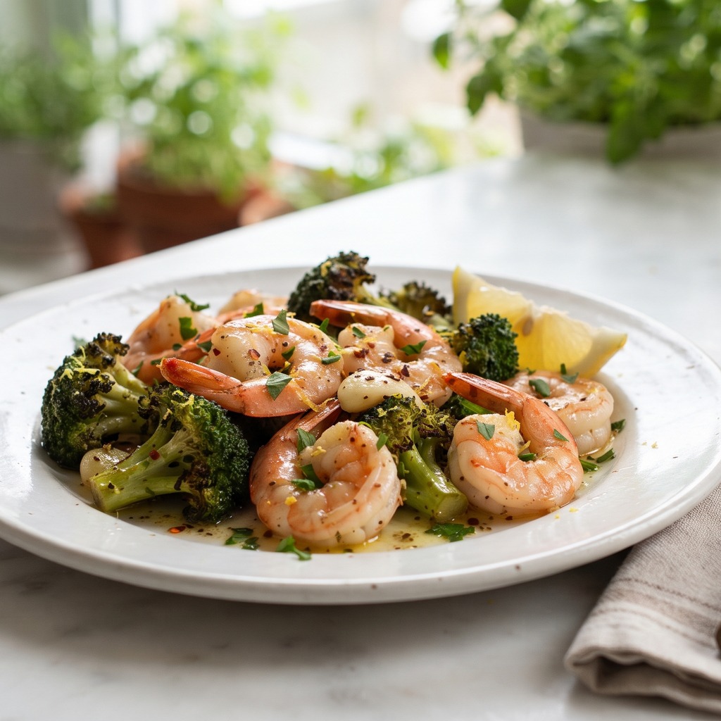 Crevettes et brocoli rôtis à l'ail et au beurre