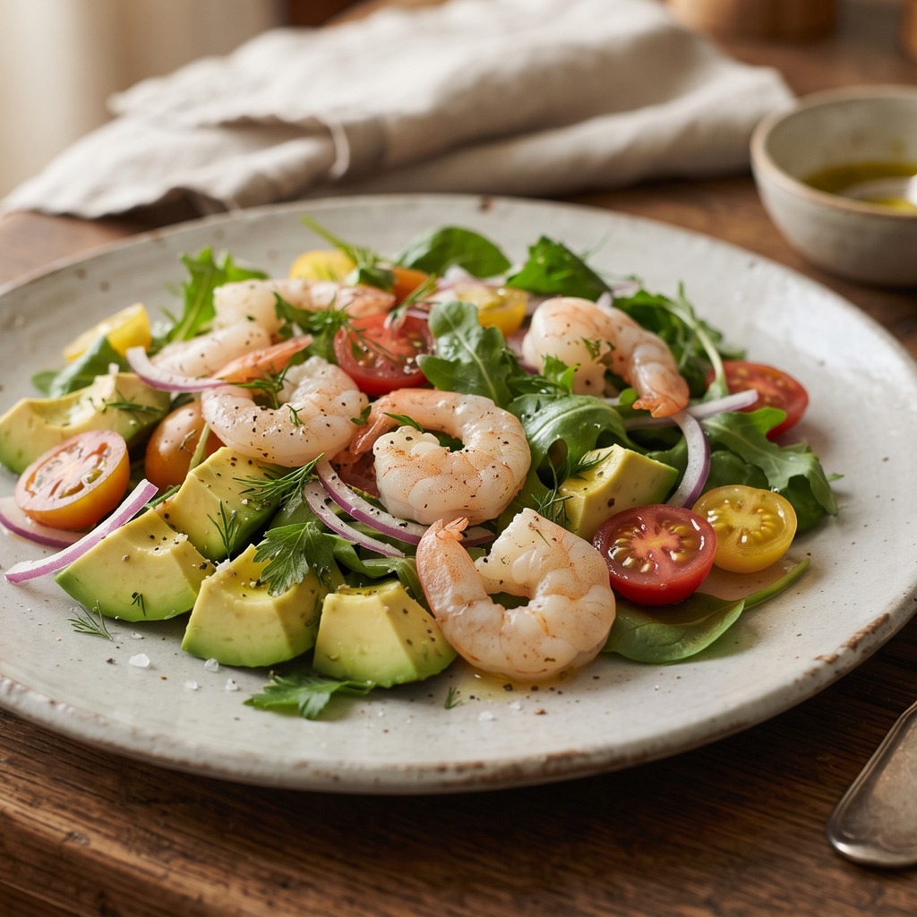 Salade fraîche crevettes, avocat et tomates cerises