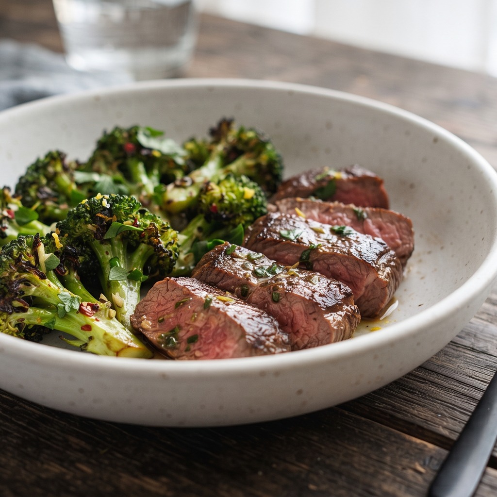 Bœuf mariné au soja, brocoli poêlé
