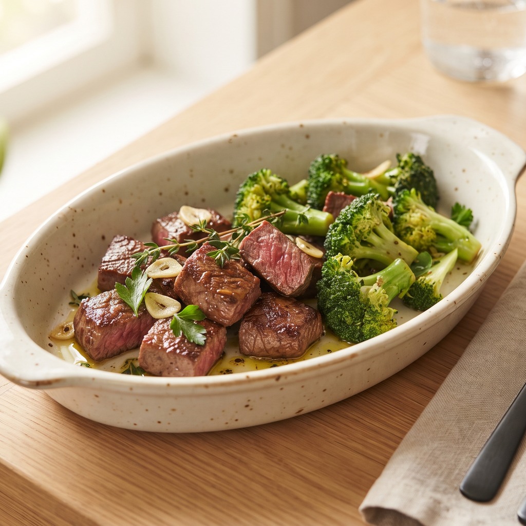 Bœuf mariné au soja, brocoli poêlé