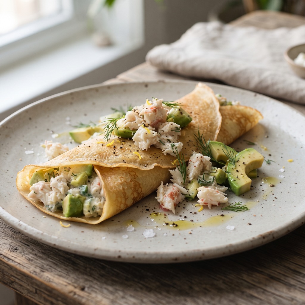 Crêpes de petit-déjeuner avec de l'avocat et de la chair de crabe