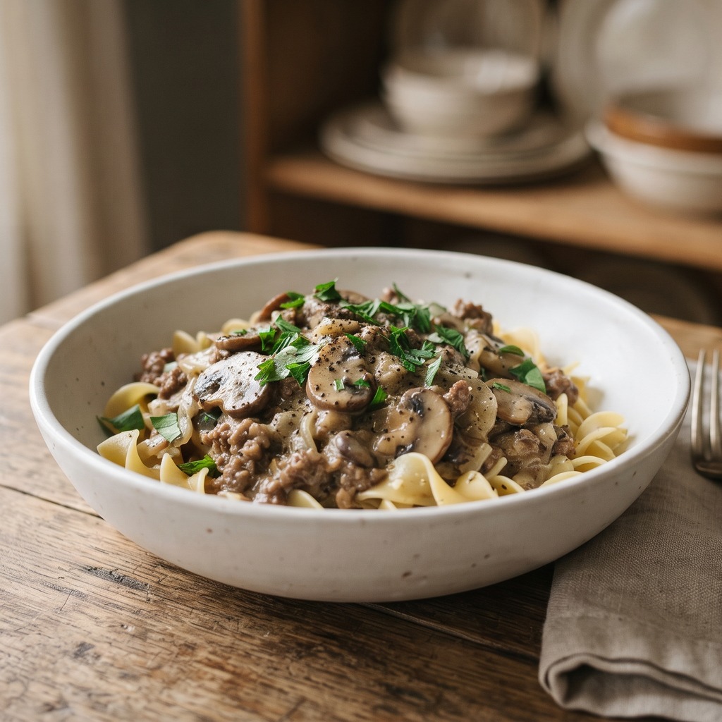 Bœuf haché façon Stroganoff, champignons et crème