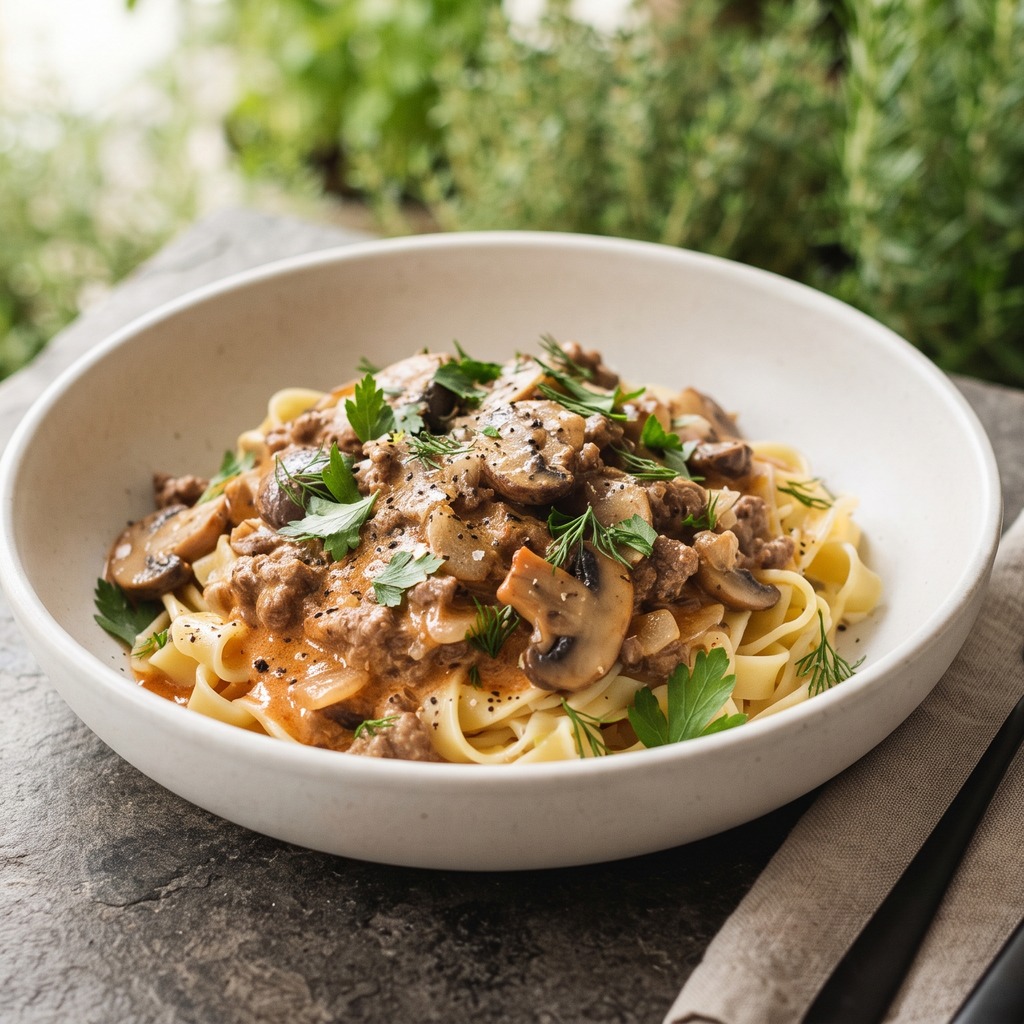 Bœuf haché façon Stroganoff, champignons et crème