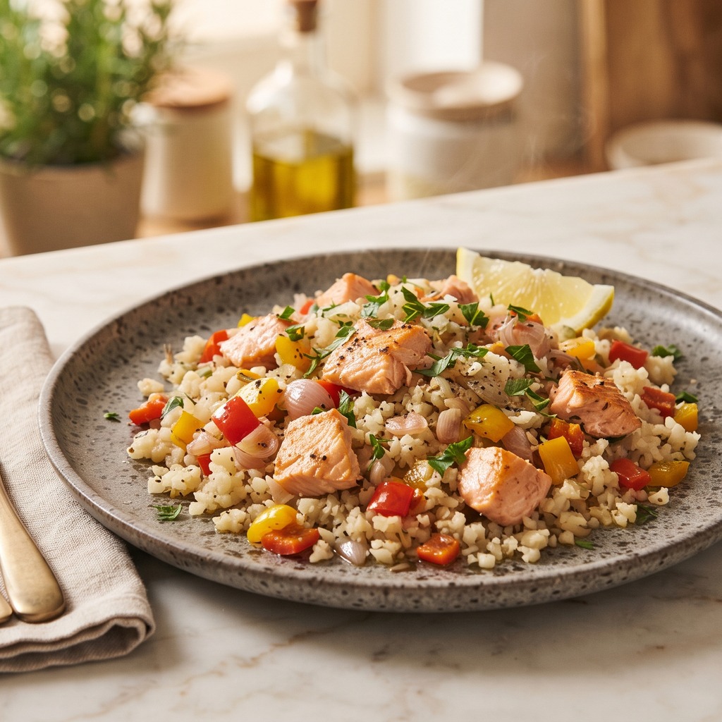 Riz de chou-fleur sauté au saumon et aux poivrons