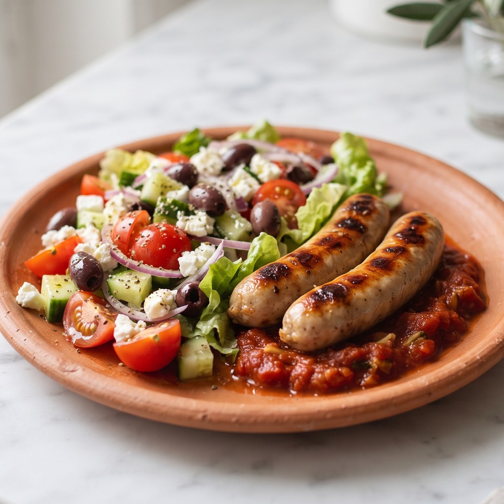 Saucisse de poulet, salade grecque et sauce tomate