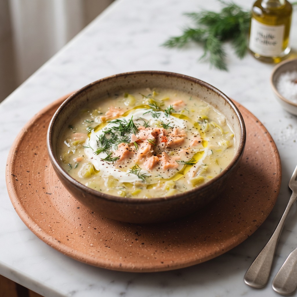 Velouté de saumon au poireau et à l'aneth