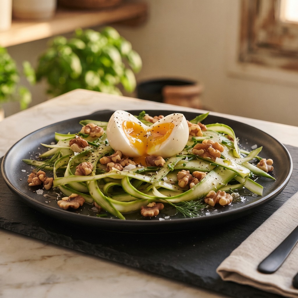 Asperges crues en fines lamelles, œuf mollet et noix