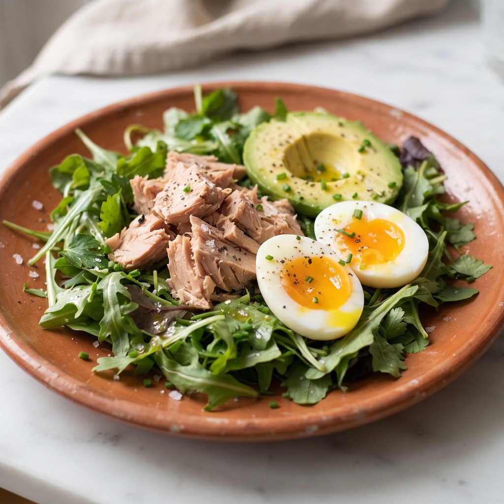 Salade thon, avocat et œufs mollets