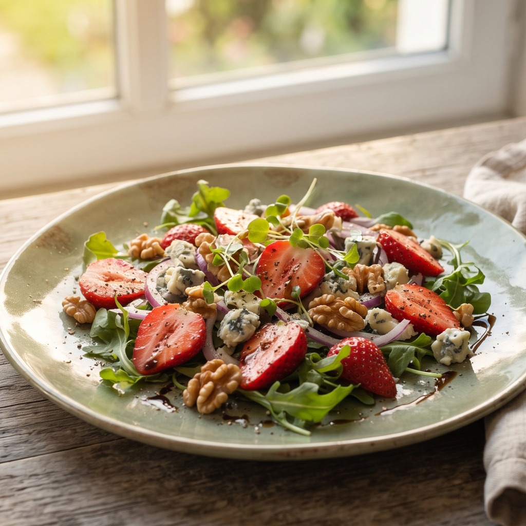 Salade de fraises, noix et fromage bleu