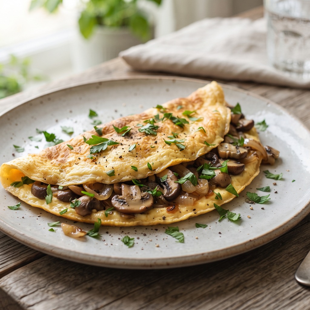 Omelette moelleuse aux champignons et à l'oignon