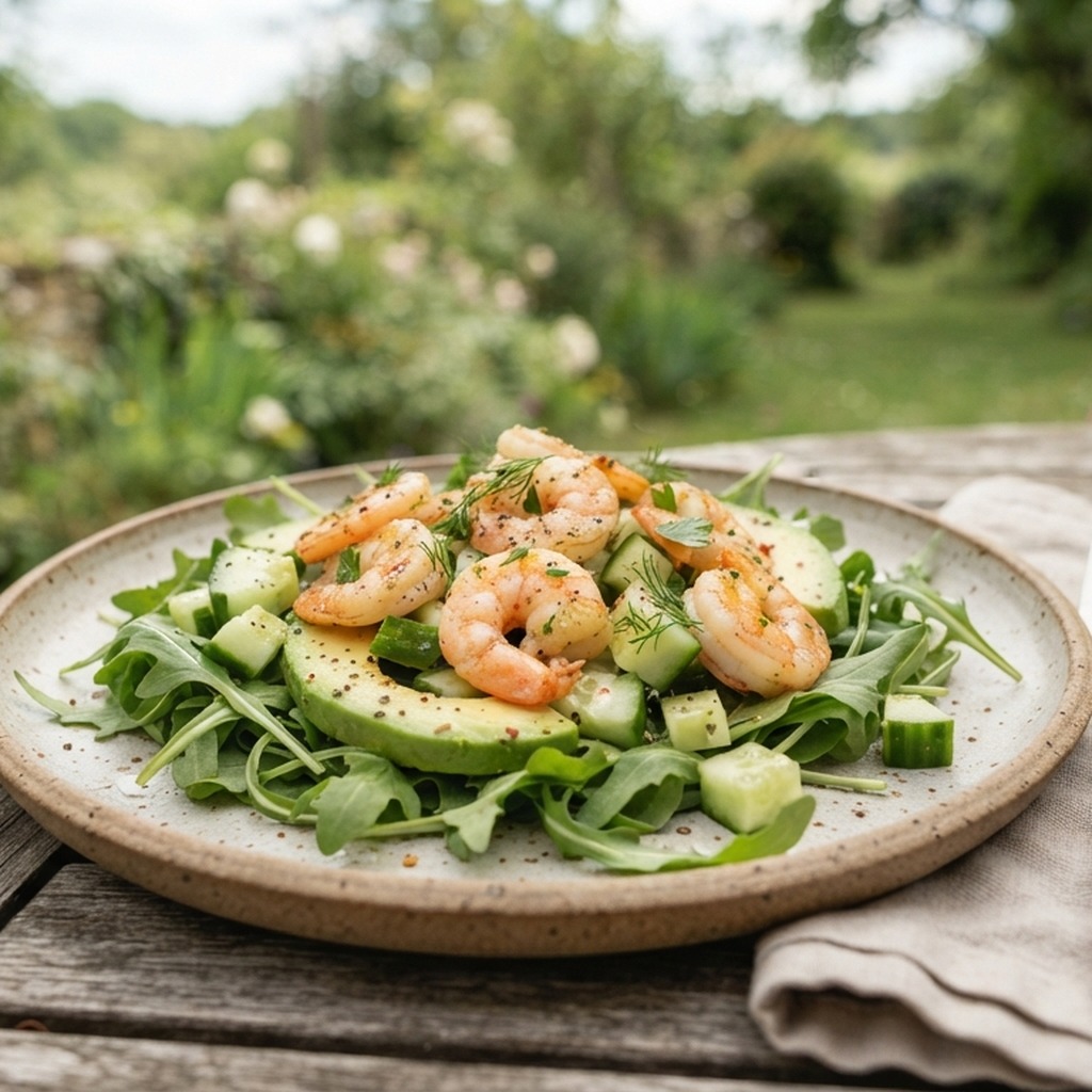 Roquette, avocat et crevettes poêlées au citron