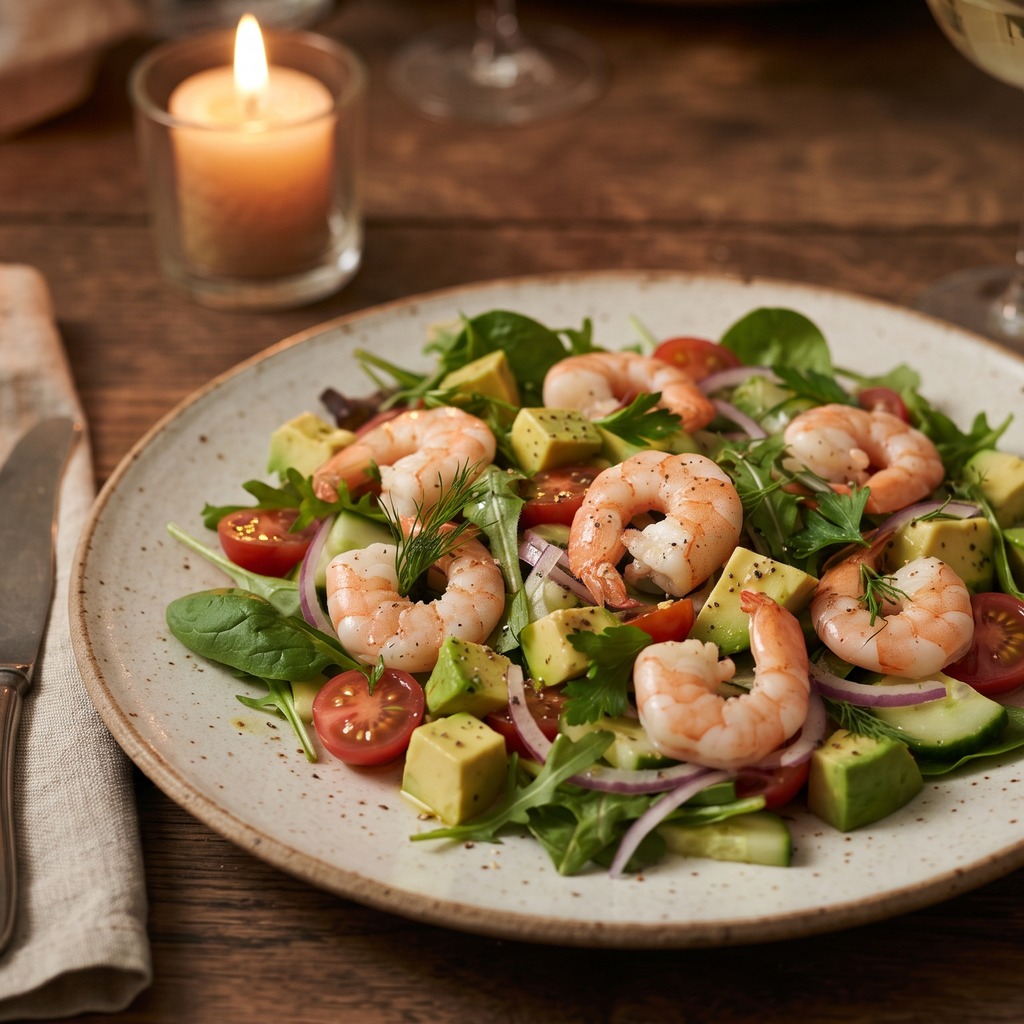 Salade printanière aux crevettes et avocat