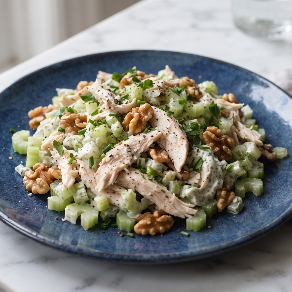 Salade de poulet poché, céleri et noix