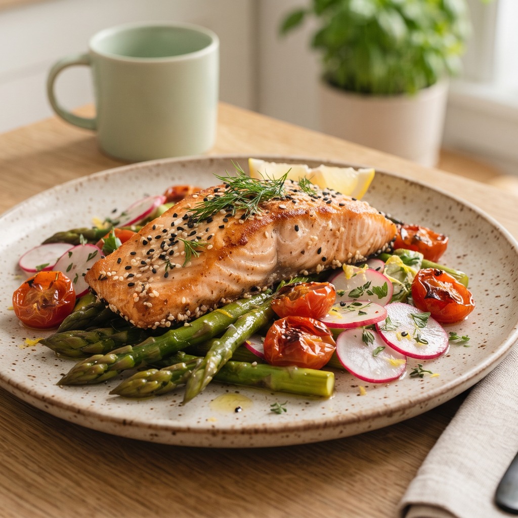 Saumon au sésame, légumes croquants et radis