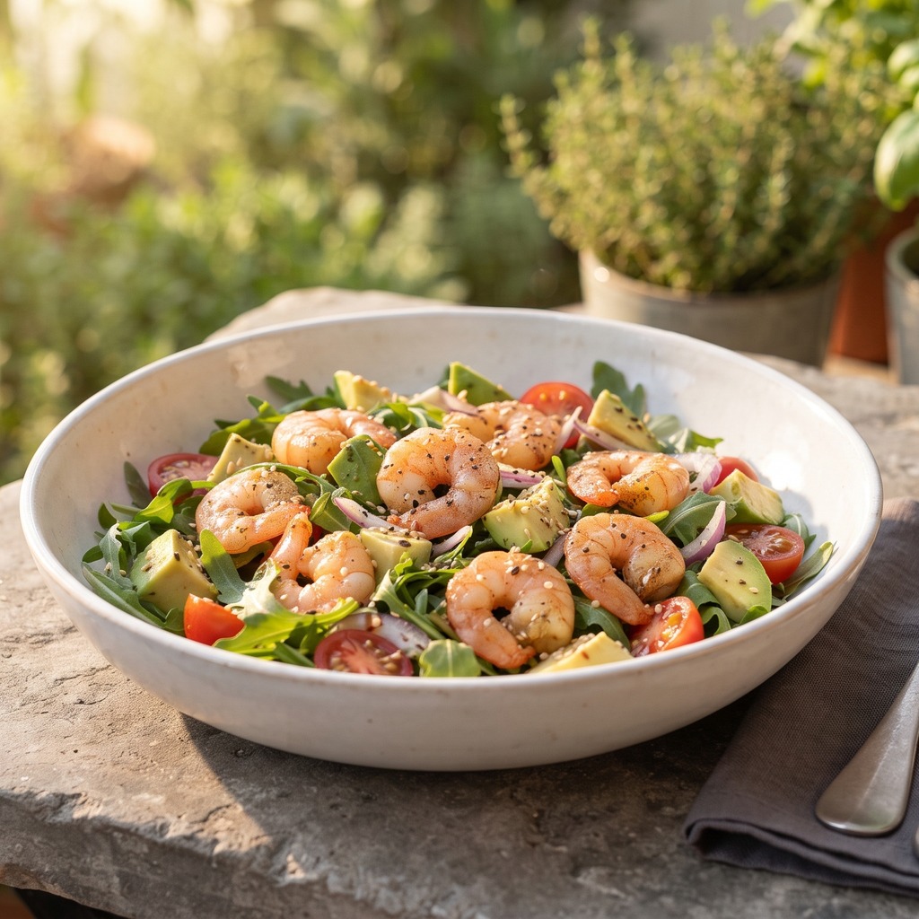 Salade roquette-avocat aux crevettes tamari