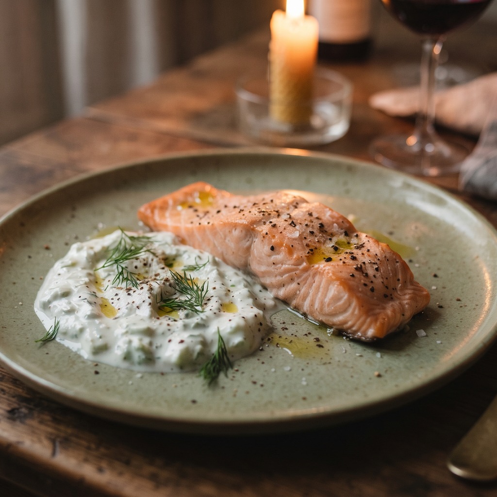 Saumon rôti, sauce tzatziki maison