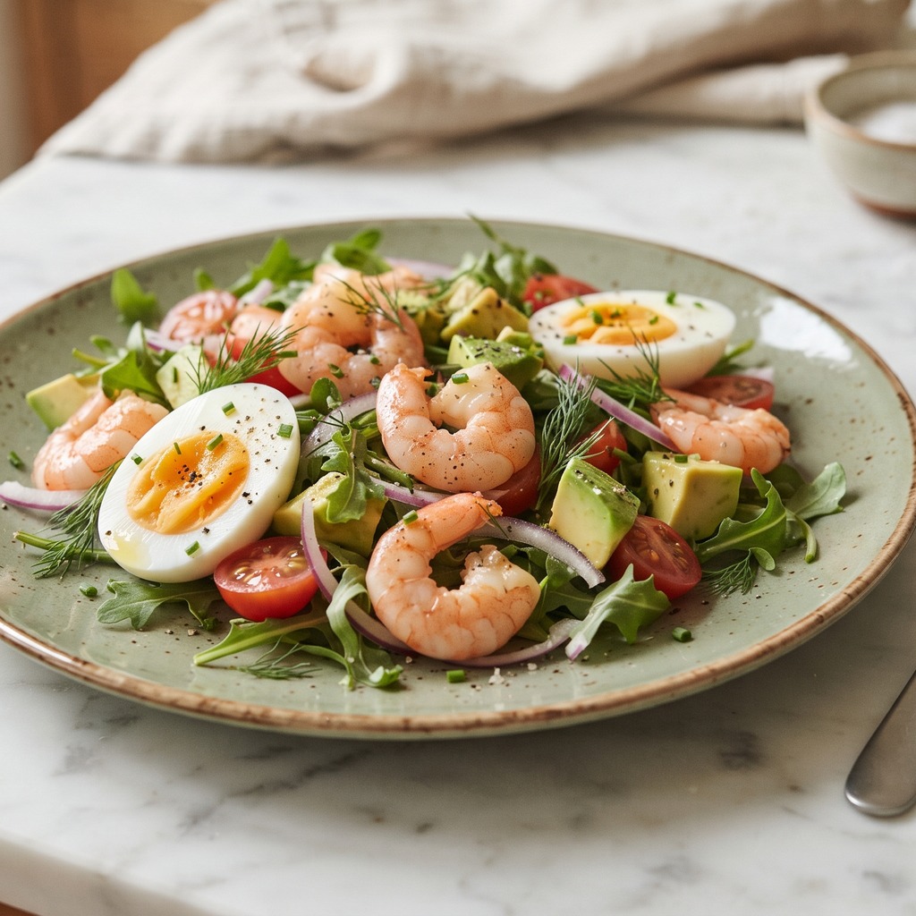 Salade œufs durs, crevettes et avocat