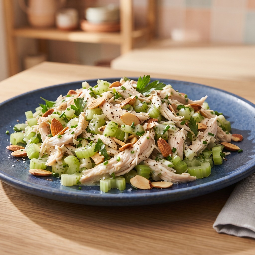 Salade de poulet effiloché, céleri et amandes