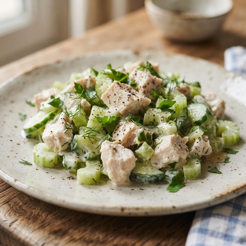 Salade de poulet poché au céleri et concombre
