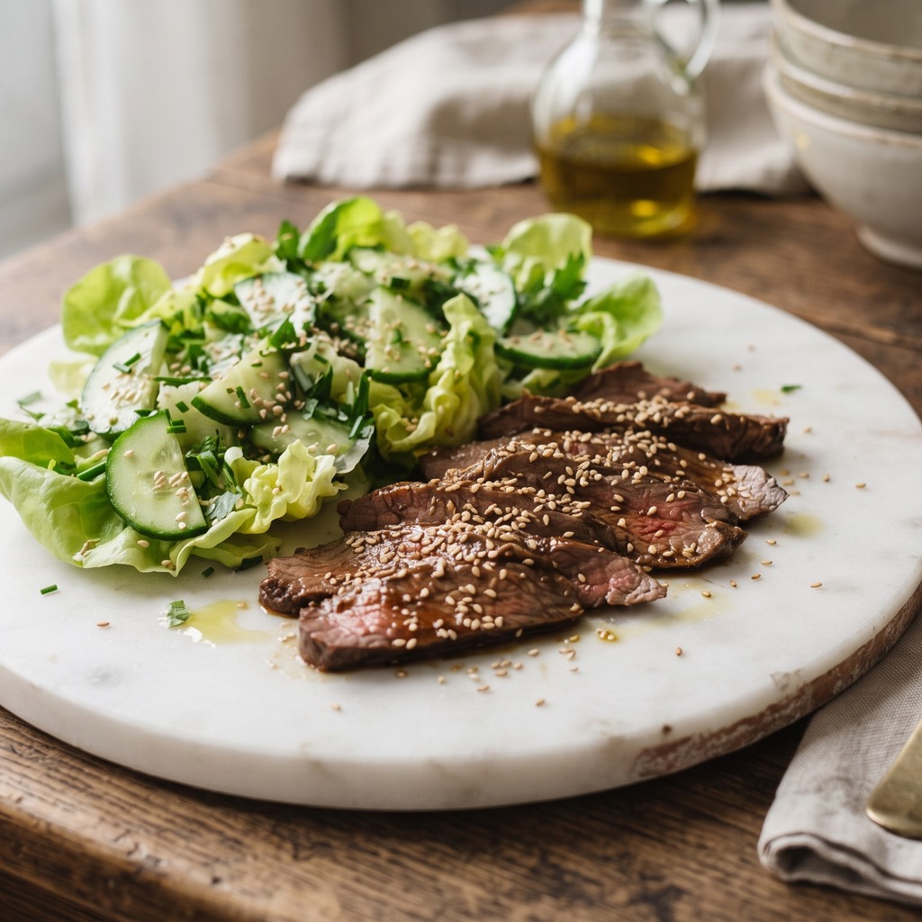 Bœuf mariné au tamari, salade croquante et sésame