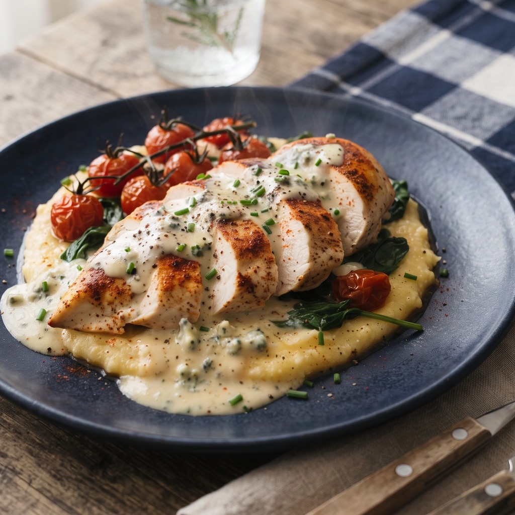 Poulet rôti au paprika, sauce crémeuse au fromage bleu