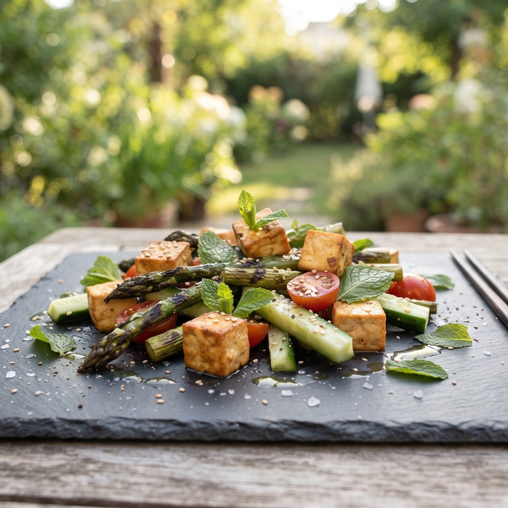 Tofu doré, asperges et menthe fraîche