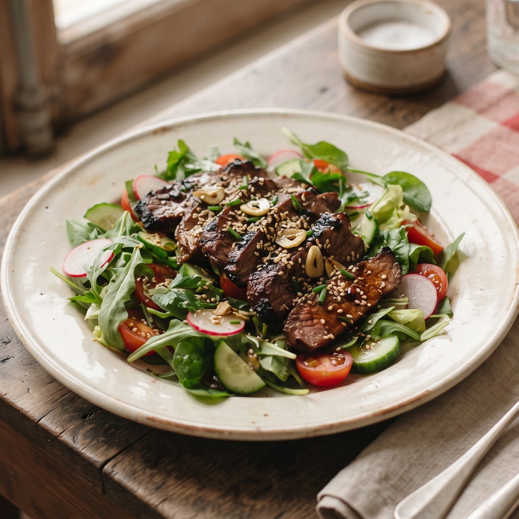 Bœuf mariné au teriyaki, tomates cerises et sésame