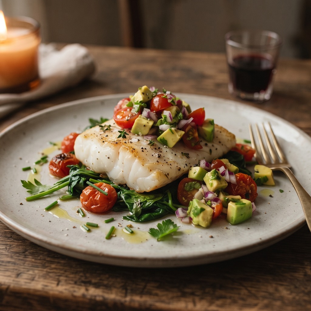 Cabillaud poêlé, salade d'avocat et vinaigrette pimentée