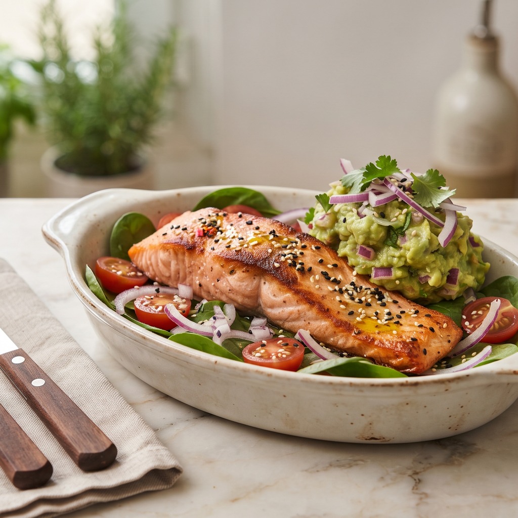 Bol de saumon grillé, guacamole et sésame