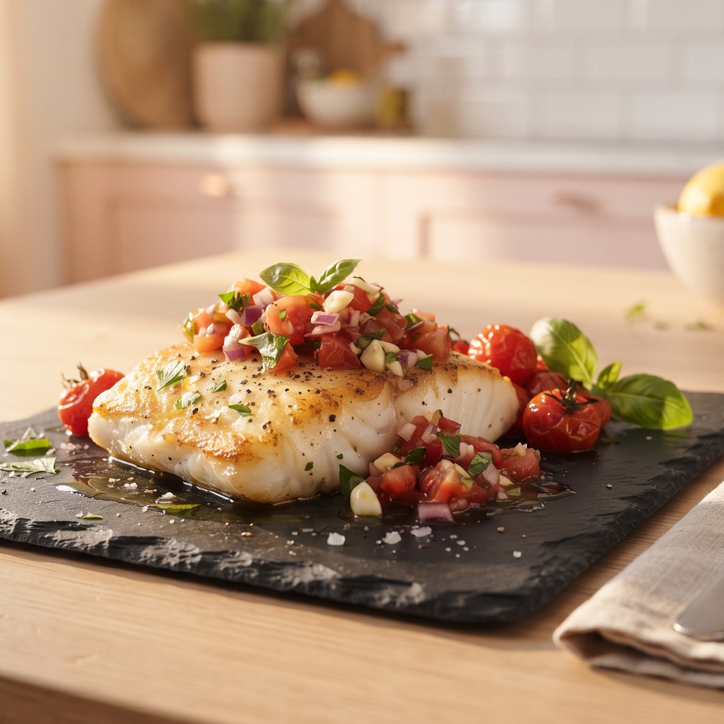Cabillaud grillé, salsa fraîche tomate-basilic