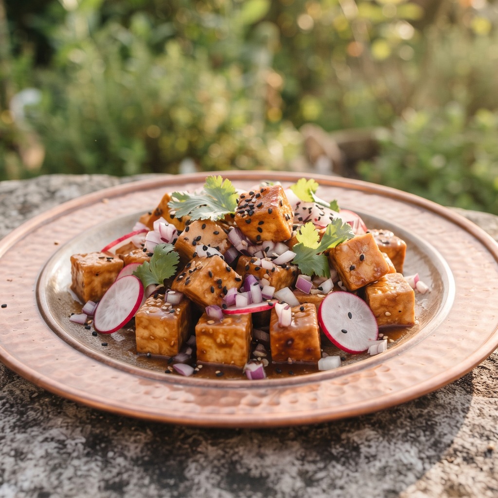Tofu en dés, sauce cacahuète et sésame noir