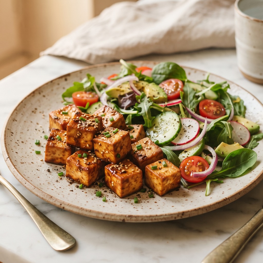 Tofu doré au tamari, salade fraîche