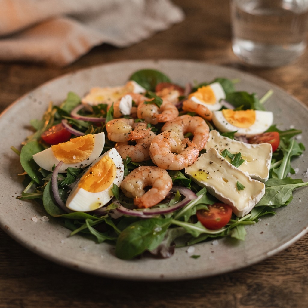 Salade œufs durs, crevettes poêlées et brie
