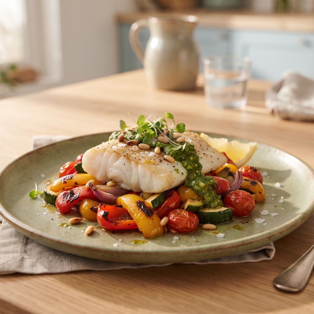 Cabillaud rôti, légumes du soleil et pesto