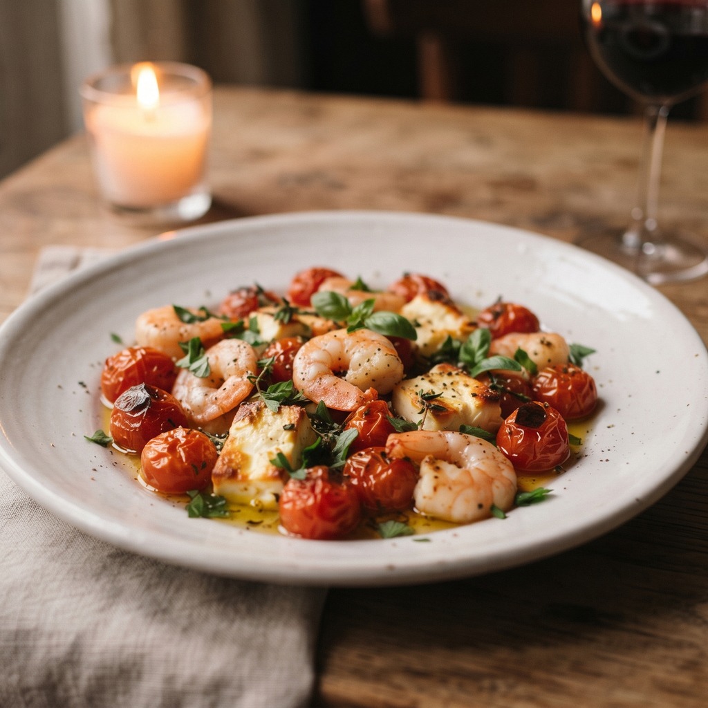 Crevettes rôties, tomates et feta au four