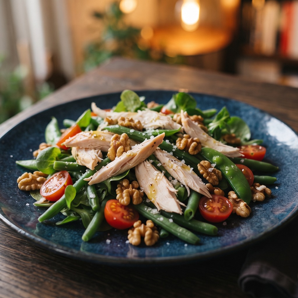 Salade de poulet poêlé, noix et mélange de printemps